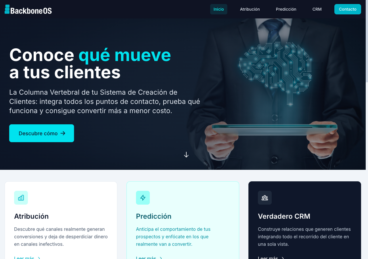 Sitio de producto backboneos.com — pilares de Atribución, Predicción y CRM