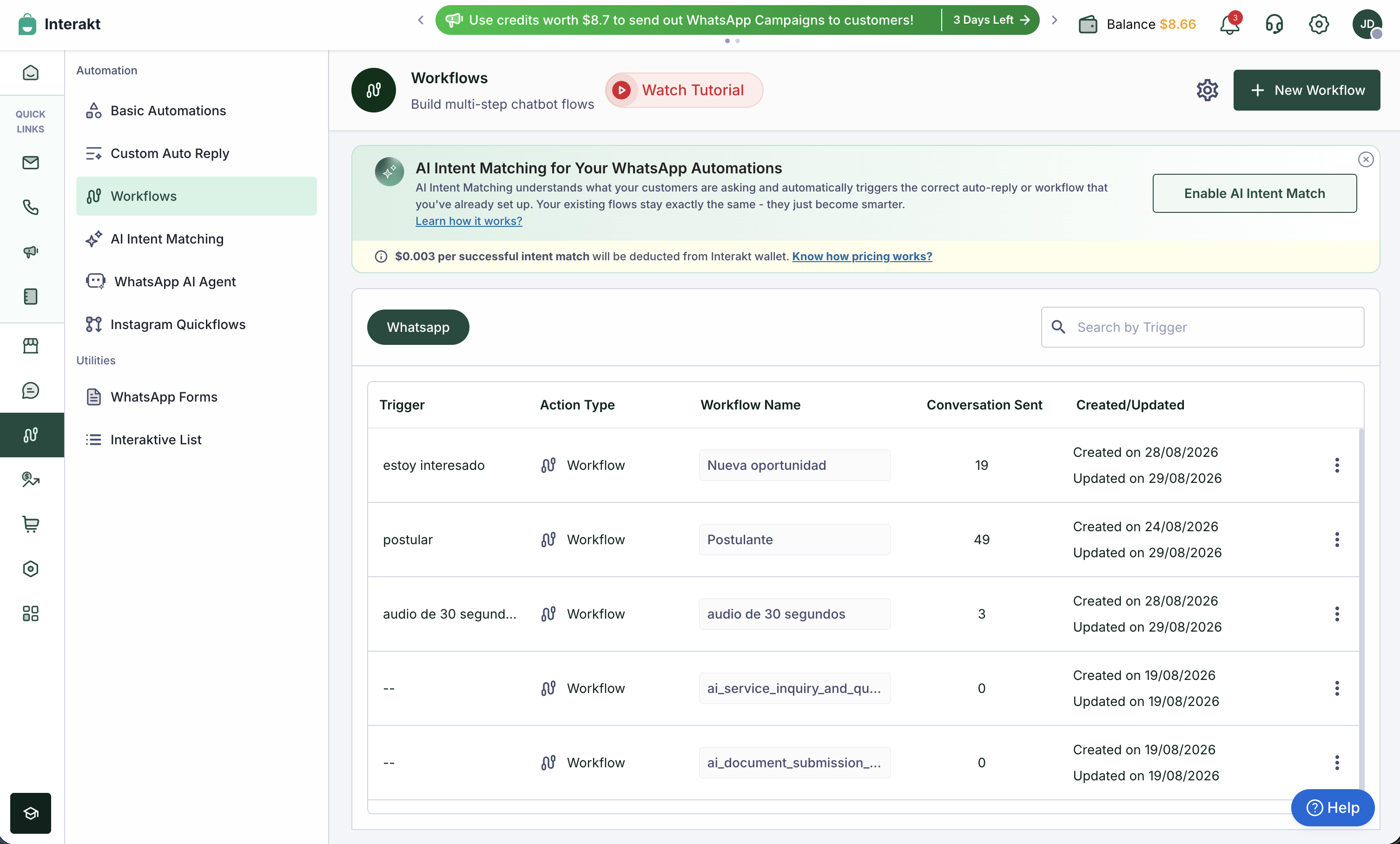 Workflows de WhatsApp en Interakt — postulación, oportunidades B2B y audio de presentación