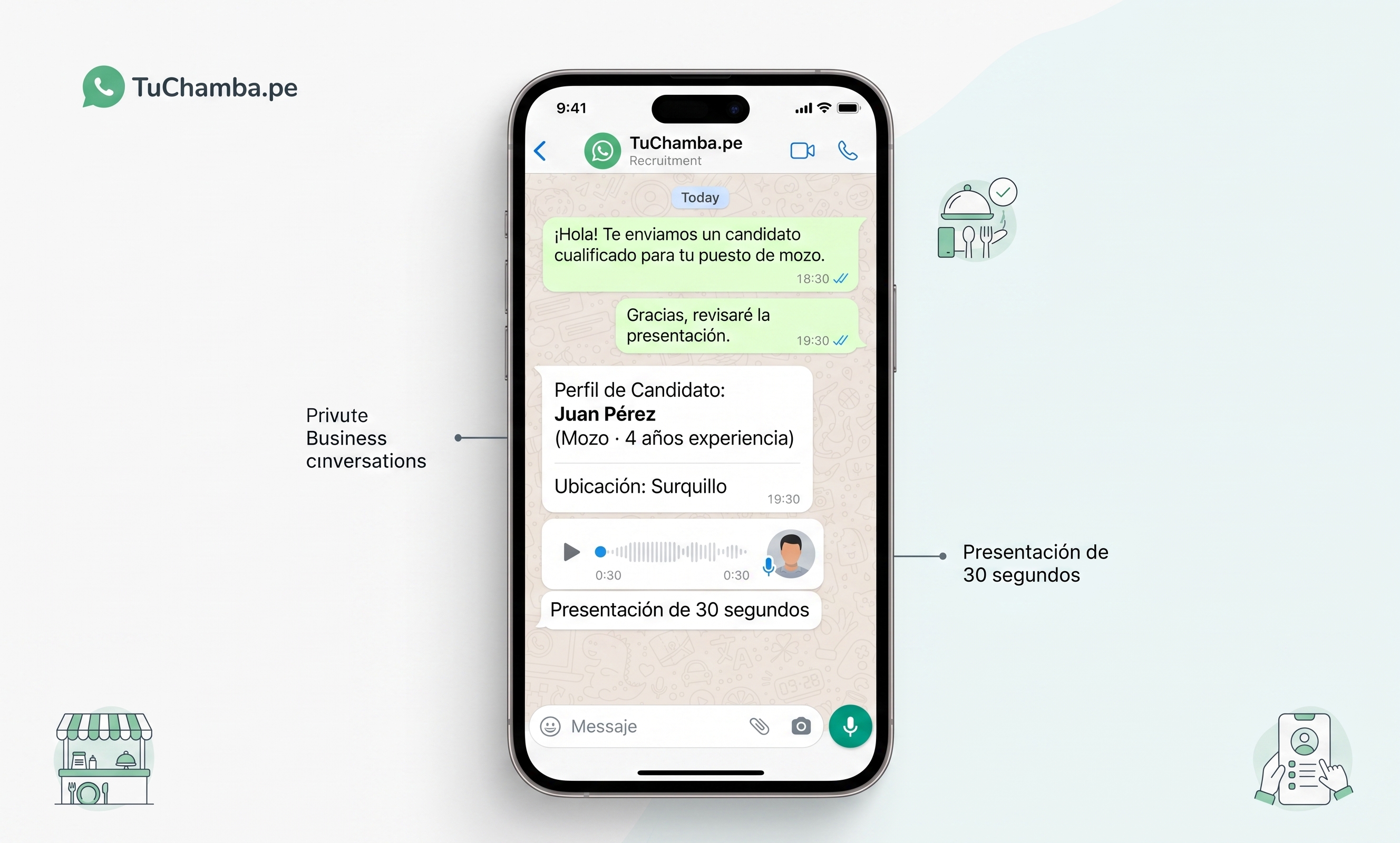 Así te llega un candidato por WhatsApp — perfil de ejemplo con audio de 30 segundos
